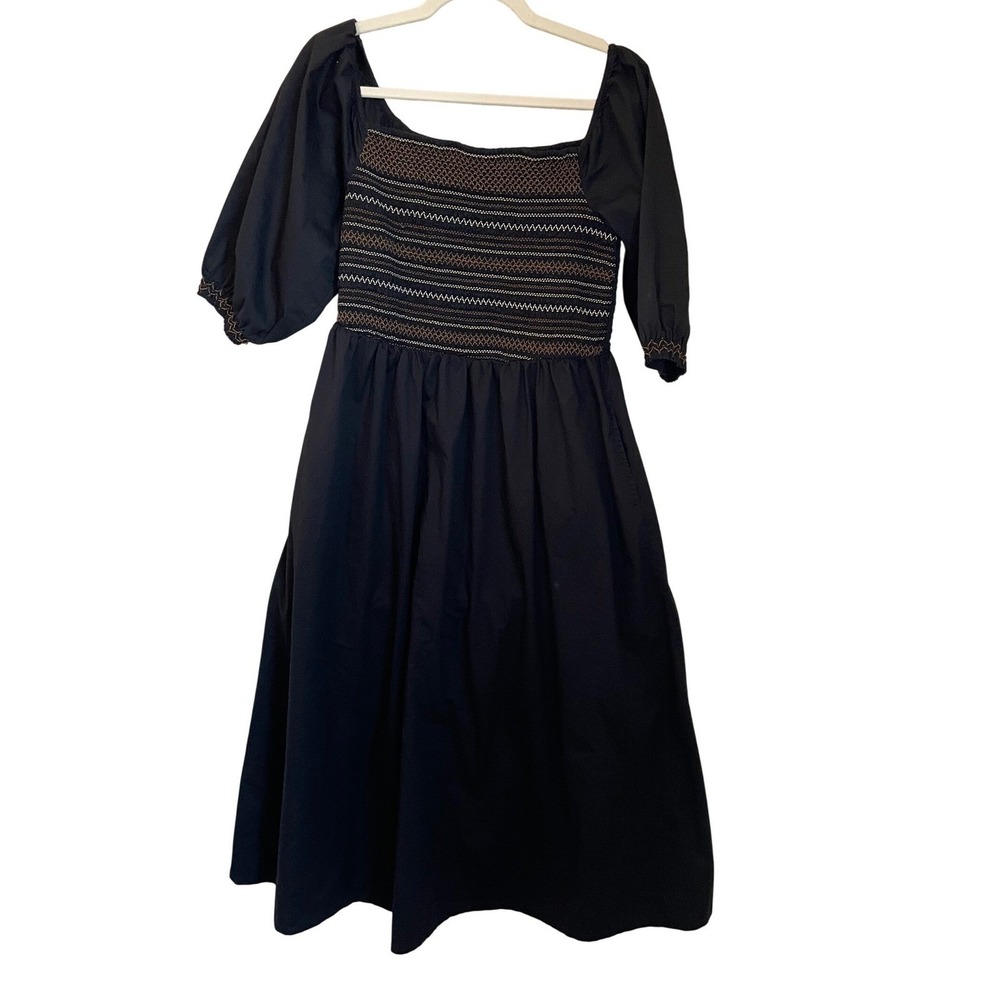 Old Navy Size L Black Embroider Smocked Puff Sleeve Midi Dress Boho Cottagecore
